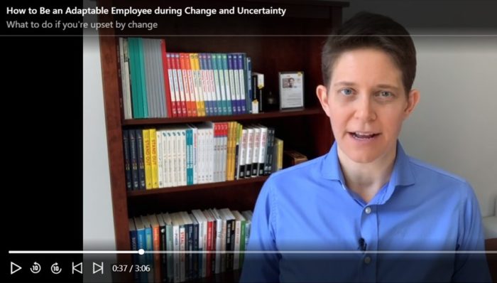 The instructor of the How to be an Adaptable Employee during Change and Unncertainty course on LinkedIn Learning presents as part of the course